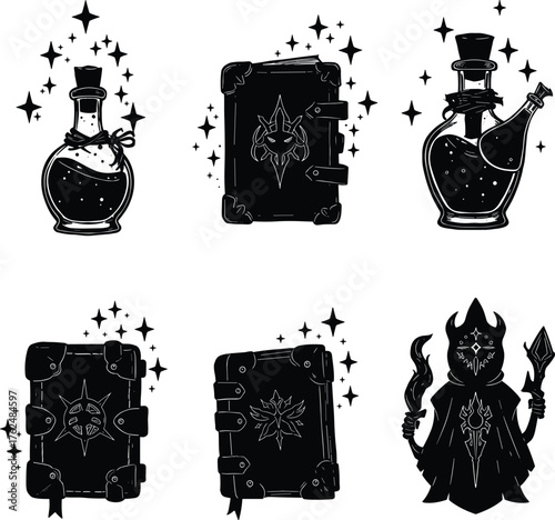 Fantasy wizard spellbook potion bottle silhouette set, magical sorcerer character with staff and dagger, enchanted objects, cad drawing flat vector illustration