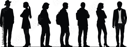 Group of diverse people silhouettes standing in line, casual postures, backpacks, hands in pockets, cad drawing flat vector illustration