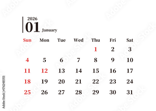 2026年1月のシンプルな日本の月間カレンダー 日曜始まり