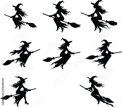 Halloween witch silhouette set, flying broomstick magical character design, spooky folklore fantasy symbol, dynamic poses collection, cad drawing flat vector illustration
