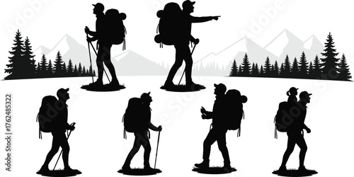 Hiking silhouettes with backpacks and walking sticks, mountain landscape, pine trees, outdoor adventure, travel exploration, cad drawing flat vector illustration