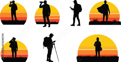 Outdoor silhouettes of travelers and explorers at sunset, drinking, backpacking, leisure lifestyle, adventure concept, cad drawing flat vector illustration