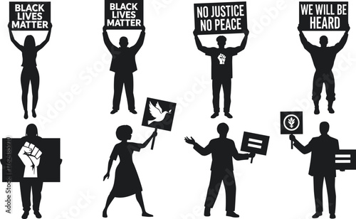 Protest silhouettes with signs for justice, equality, peace, activism, civil rights, social movement, cad drawing flat vector illustration