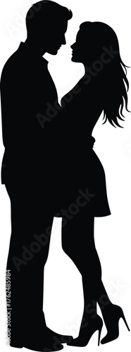 Romantic couple silhouette, man in jacket with woman in short dress and heels, love, lifestyle, cad drawing flat vector illustration