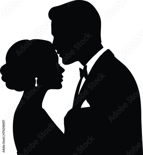 Romantic couple silhouette, man kissing woman forehead, elegant suit and dress, love, relationship, intimacy, lifestyle, cad drawing flat vector illustration