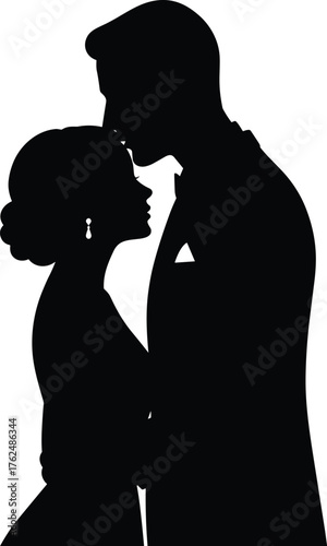 Romantic couple silhouette, man kissing woman forehead, love, relationship, affection, intimacy, lifestyle, tenderness, cad drawing flat vector illustration