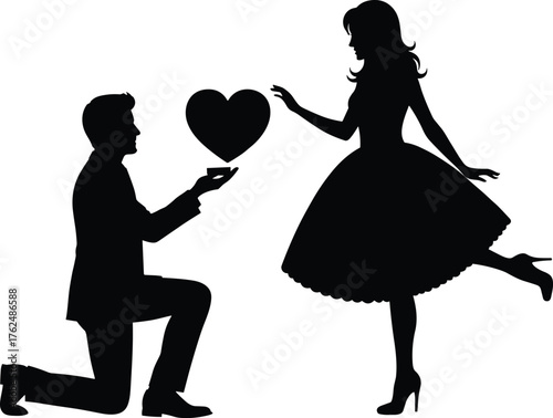 Romantic couple silhouette, man kneeling with heart proposing to woman, love, proposal, Valentine’s Day, cad drawing flat vector illustration