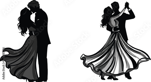 Romantic couple silhouettes, ballroom dance poses, intimate embrace, twirling movement, love, lifestyle, wedding, cad drawing flat vector illustration