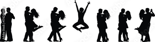 Romantic couple silhouettes, kissing, embracing, playful lifting poses, lifestyle, love, relationship, affection, cad drawing flat vector illustration