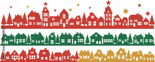 Christmas village silhouette scene vector, perfect for Christmas cards, banners, and festive designs, a truly charming winter wonderland