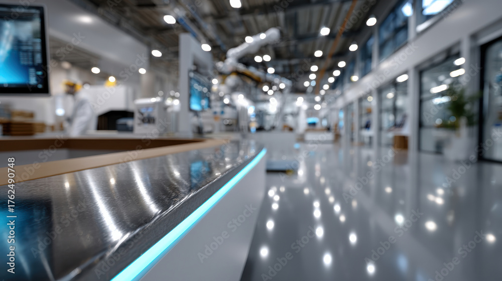 Naklejka premium A bright and modern workspace featuring robotic technology showcasing the evolution of automation and its significant role in enhancing efficiency in industrial settings.