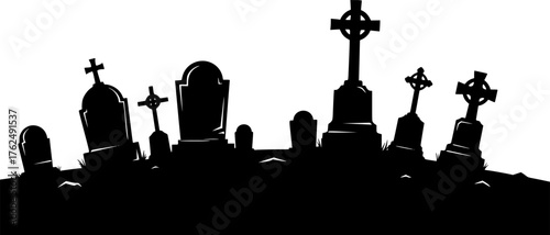 Graveyard silhouette. This image shows a graveyard with various tombstones and crosses in silhouette form, creating a spooky and eerie atmosphere. Vector clipart illustration design