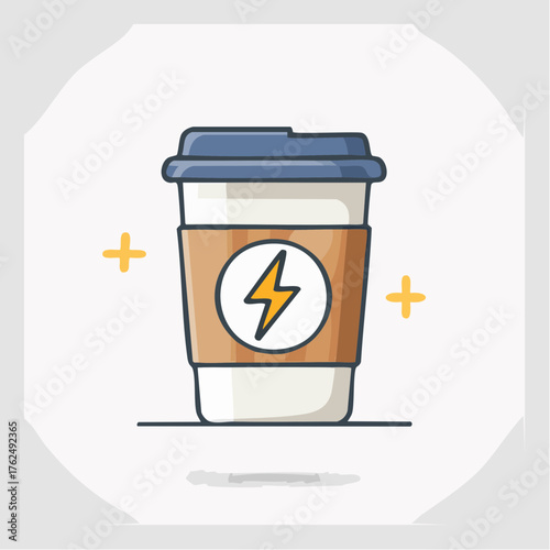 Illustrated depiction of a takeaway coffee cup with an energy symbol and sparkling details