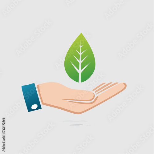 Illustration depicting a hand holding a stylized leaf representing environmental care