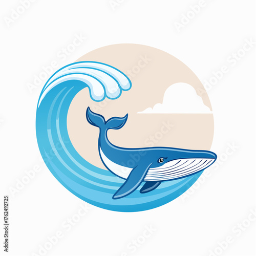 Illustration depicting a stylized blue whale breaching a cresting ocean wave within a circular design