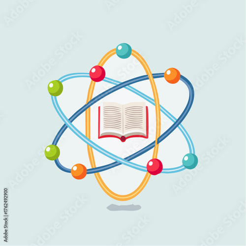 Illustration depicting atom structure with a central open book, symbolizing knowledge and science