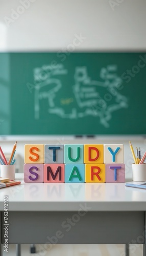 Colorful Study Blocks on Desk in Classroom Setting with Chalkboard Background
