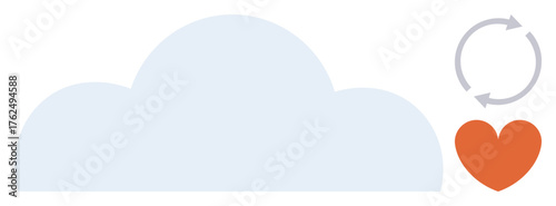 Cloud with rotating arrows near a heart representing connection, renewal, and care. Ideal for technology, data storage, environment, health, wellness, sustainability abstract concepts simple flat
