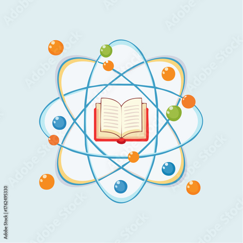 Illustration of an atom encompassing an open book symbolizing scientific learning and knowledge