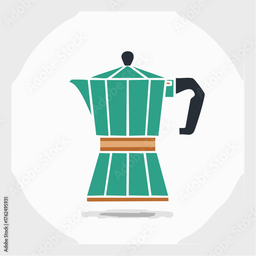 Minimalist Illustration of a Green and Brown Coffee Maker on a White Circular Background