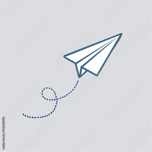 Minimalist paper airplane illustration depicting flight and creative conceptualization on a gray backdrop