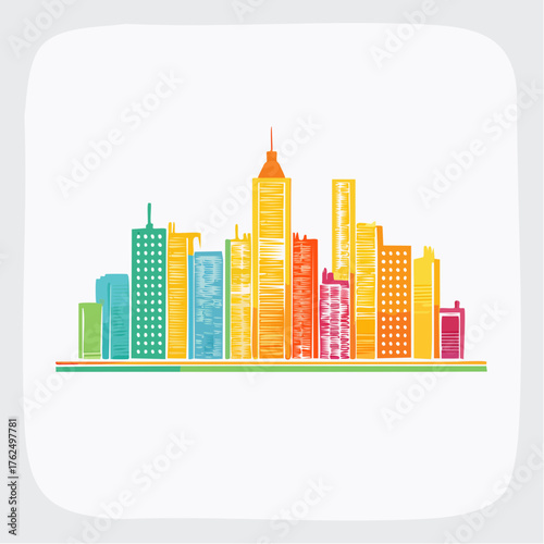 Vibrant and Colorful Skyline Illustration Depicting a Modern Urban Landscape in a Vector Style
