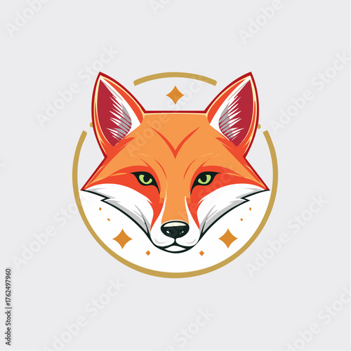 Vibrant fox head emblem design within a golden circular frame with star accents