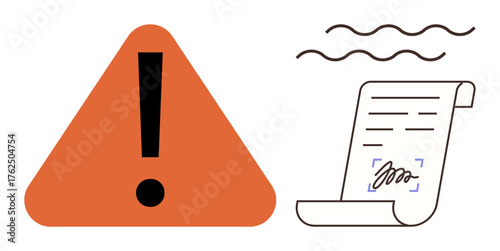 Exclamation point inside orange triangle next to signed document scroll with wavy lines. Ideal for warning, caution, agreements, legality, compliance, contracts, documentation. Simple flat metaphor