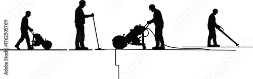 Roadwork construction silhouette, pavement cutting artwork, concrete surface preparation design, industrial maintenance illustration, worker job art