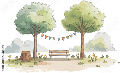 Two trees with bunting and bench in a park setting