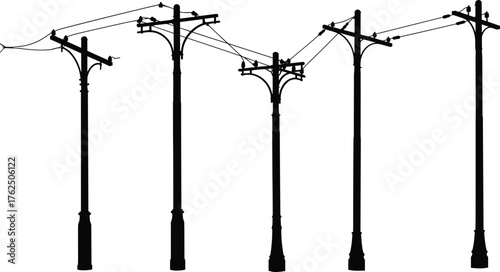 Utility poles, silhouette, electrical wires, infrastructure, power lines, crossarms, transmission, engineering, urban design, energy distribution, black and white, minimal, structure, grid, 