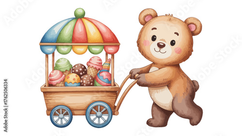Cute brown bear pushing ice cream cart with colorful treats