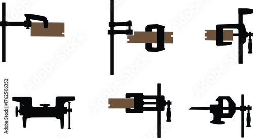 Woodworking vise illustration, clamp tool artwork, construction equipment design, workshop tool silhouette, industrial clamping device art