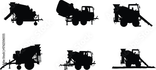 Concrete mixer truck silhouette, construction machinery artwork, industrial equipment design, cement mixing illustration, heavy vehicle art