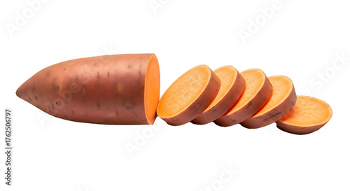 Sliced vibrant orange sweet potato arranged artfully on transparent background