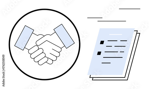 Handshake within circle symbolizing agreement next to documents illustrating contract or negotiation. Ideal for partnership, trust, business deal, teamwork, collaboration, negotiation, simple flat