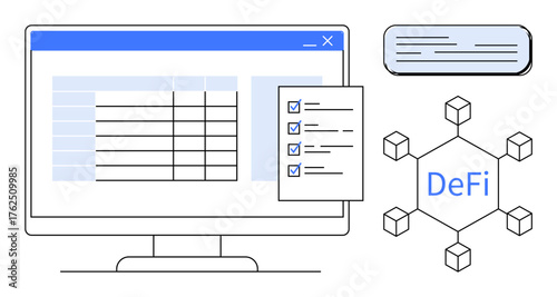 Computer screen with data table, checklist, decentralized finance network flowchart, text field. Ideal for technology, blockchain, finance, organization management analytics innovation. Simple