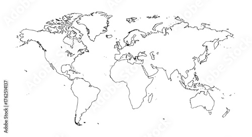 World map vector, thin line style, continents outlined on white background