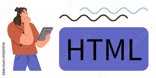 Woman with tablet in thoughtful pose, large HTML text block, wavy lines above. Ideal for coding, learning, education, software, technology design thinking web development. Flat simple metaphor
