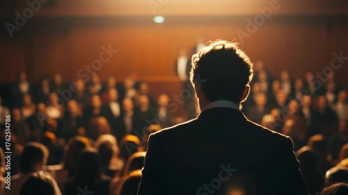 Speaker addressing a large audience on stage under a spotlight, view from behind.
