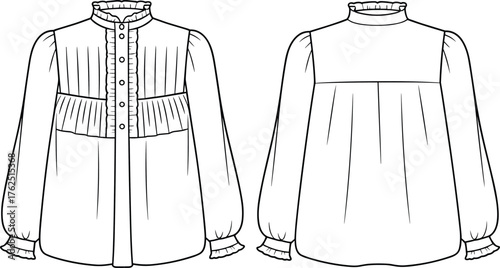 Fashion illustration, women’s blouse, high ruffled neckline, puffed sleeves, ruffled cuffs, pleated front panel, button‑down closure, gathered back yoke, flowing silhouette, vector drawing