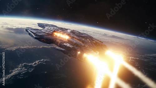 Futuristic Spaceship Flying Above Planet Earth's Atmosphere with Glowing Thrusters