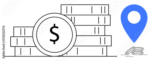 Stacked coins with a dollar symbol beside a blue location marker. Ideal for concepts thumbs up finance, savings, economic growth, investment, location-based business, banking, wealth. A simple flat