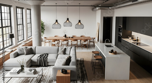 Spacious and inviting open-plan urban loft with modern living room, dining area, and sleek kitchen, boasting contemporary design and large windows offering city views