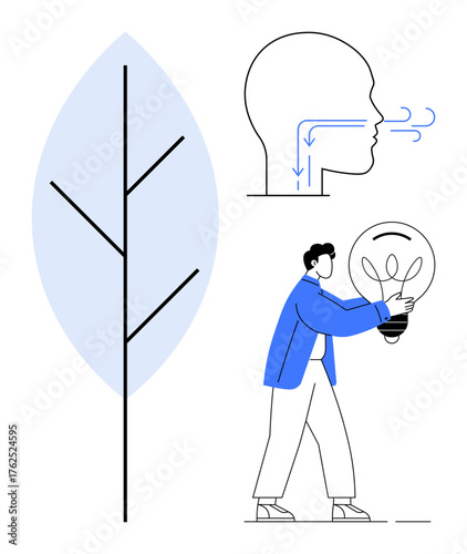 Stylized leaf, human head showing airflow, and person holding illuminated bulb. Ideal for sustainability, innovation, environment, energy, health education awareness. Simple flat metaphor
