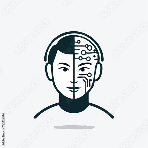 Humanoid face with digital circuit board overlay, portraying artificial intelligence connection