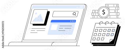 Laptop with screen showing website interface, search bar, and image preview. Coin stack with dollar sign and calendar suggest work planning, payment tracking, and productivity. Ideal for business