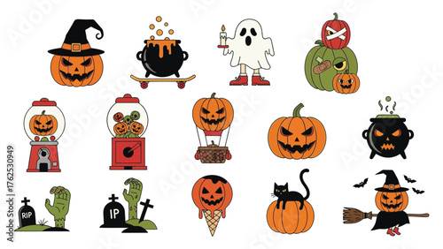 Spooky Halloween icons featuring grinning jack-o-lanterns, ghosts, witches, cauldrons, and creepy crawlies create festive holiday fun