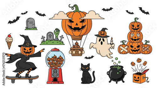 Spooky Halloween scene bursts with fun featuring jack o lanterns, ghosts, bats, witches, and festive treats for ultimate holiday celebration visuals