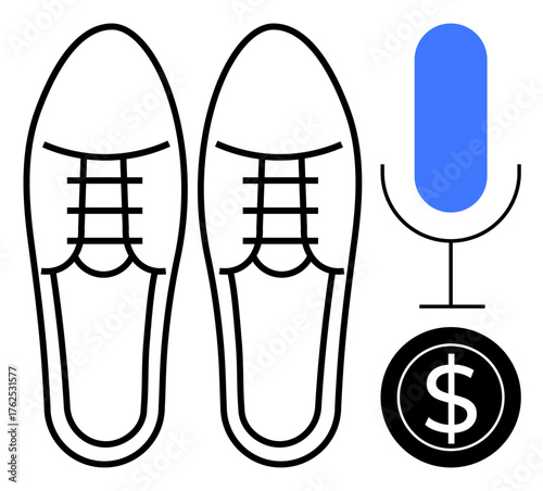 Black leather shoes, blue microphone, and dollar sign embody style, innovation, and prosperity. Ideal for concepts thumbs up business, creativity, professionalism, sales storytelling communication